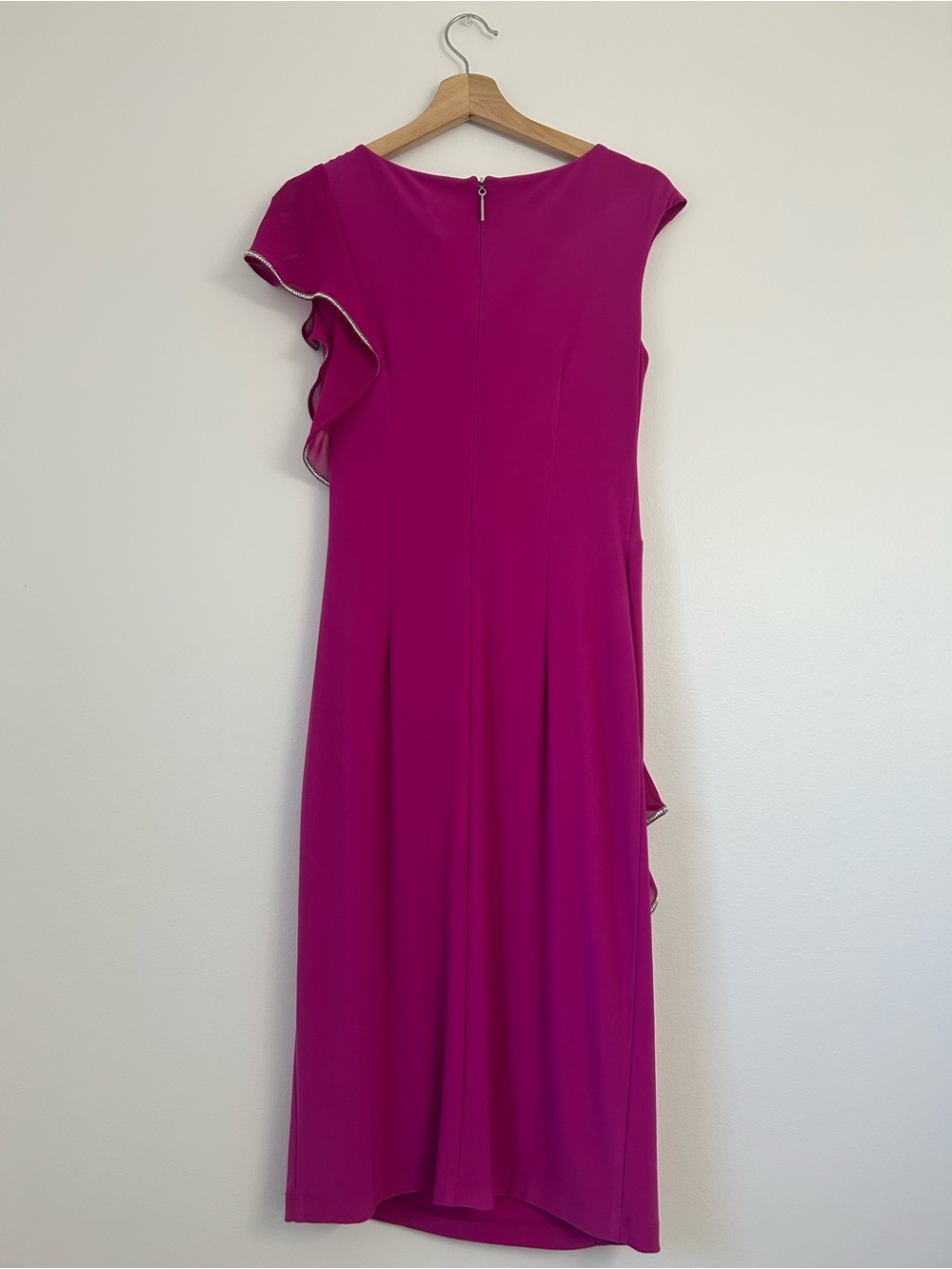Joseph Ribkoff Magenta Rhinestone Asymmetrical Ruffle Lined Cocktail Dress | US - Picture 7 of 16